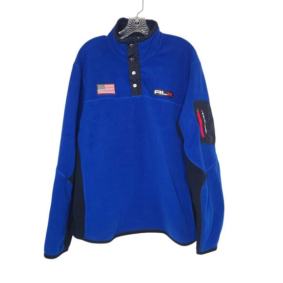 RLX Ralph Lauren Fleece Sweater Mens XXL Blue Performance 1/4 Snap USA Flag 2XL - Picture 1 of 9